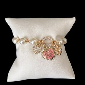 14K GP faux pearl enamel heart bracelet